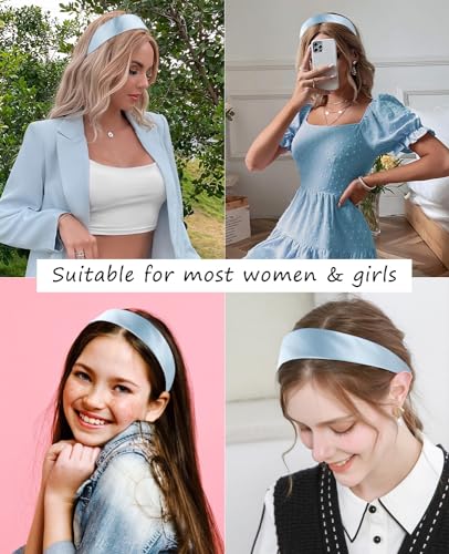 Wecoe Baby Blue Headband 1.6 Inch Wide Silk Satin Headband Women Non Slip Fashion Plain Head Band Solid Hair Band DIY Holiday Hair Accessories for Women Girls Diademas Para Mujer Gifts