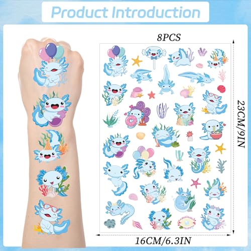 Blue Axolotl Temporary Tattoos - 200+ Designs (8 Sheets)