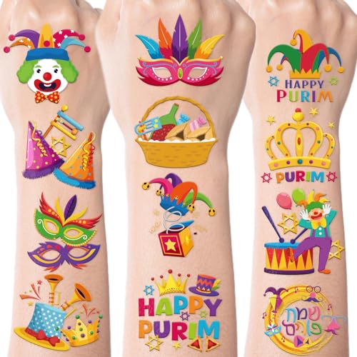 Purim Temporary Tattoo Stickers, 8 Sheets 200+ Designs