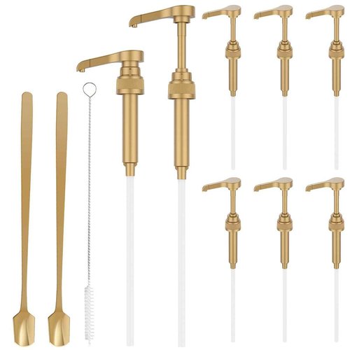 8Pcs Coffee Syrup Pump for 750ml Syrup Bottle Reusable Pump Bottle Dispenser No Dripping Pressed Coffee Syrup Pump Dispenser with 2 Spoons Gold Pump Dispenser Replacement for Tea Coffee