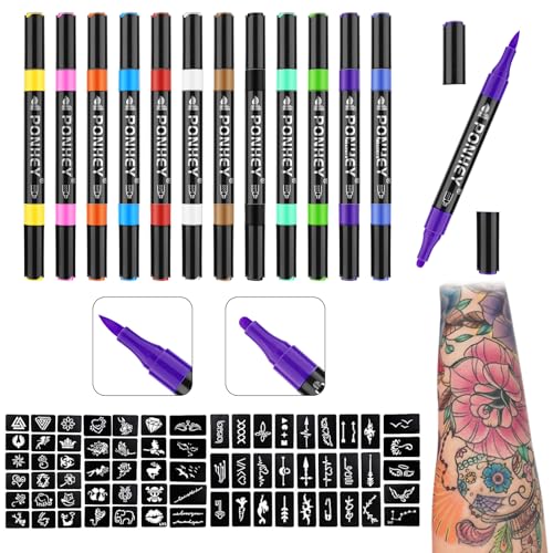 Ponhey Temporary Tattoo Markers Kit with 67 Stencils, Skin-Safe