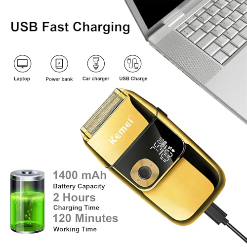 KEMEI Electric Razors for Men, LCD Display Cordless Men's Razors, USB Rechargeable with Pop-up Beard Trimmer Best Worldwide Travel Gift, Model KM 2028, Gold