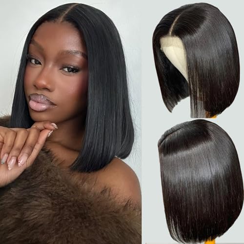 Bob Wig Human Hair Wig Short 13x4 Lace Front Wigs Human Hair Pre Plucked 14 Inch Bob Wig Short Wigs for Black Women Bob Wigs Human Hair 180% Density With Baby Hair Natural Black Straight Glueless