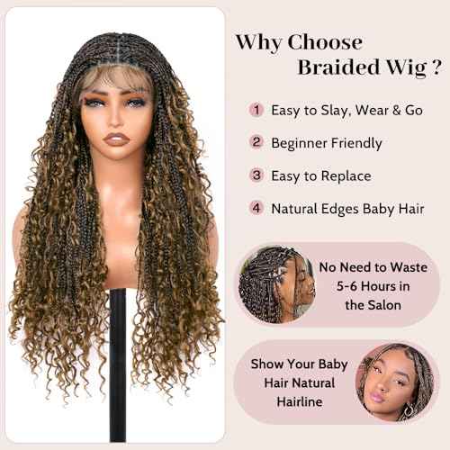 Boho Box Braided Wigs for Black Women Glueless Double Full Lace Human Hair Blended Lightweight Hand Braid Wig with Baby Hair (4-#27, 30 In)