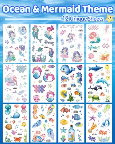 Glitter Tattoos for Kids - 120 Mermaid & Unicorn Temporary Tattoos