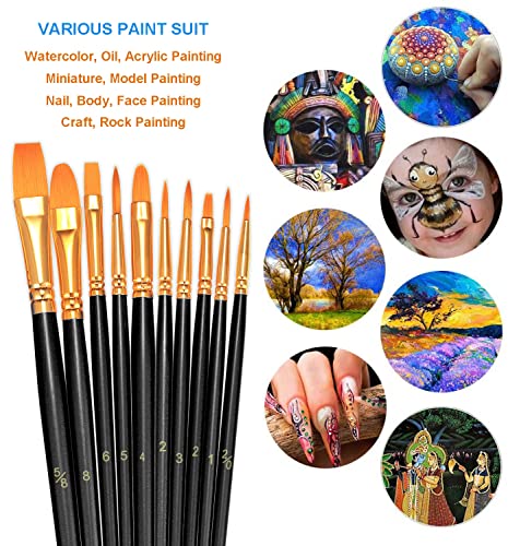 BOSOBO Paint Brushes Set, 10 Pieces Round Pointed Tip Paintbrushes Nylon Hair Artist Acrylic Paint Brushes for Acrylic Oil Watercolor, Face Nail Body Art, Miniature Detailing & Rock Painting, Black