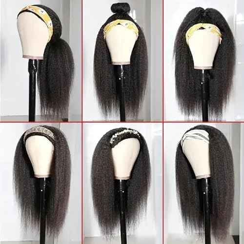 Headband Wig Human Hair 18 Inch Kinky Straight Headband Wigs for Black Women Yaki Straight Human Hair Headband Wig Half Wig Human Hair Natural Black Color