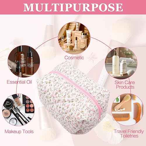 Cotton Quilted Makeup Bag, Cute Pouch Toiletry Bag Cosmetic Bag Quilted Floral Organizer Bag Travel Coquette Aesthetic Portable Storage Zipper Purse for Women (Pink)