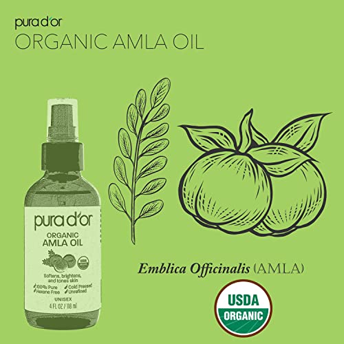 PURA D'OR 4 Oz ORGANIC Amla Oil, 100% Pure USDA Certified Premium Grade, Cold Pressed, Unrefined, Extra Virgin, Hair Serum & Thickening Hair Product w/Pump for Women & Men
