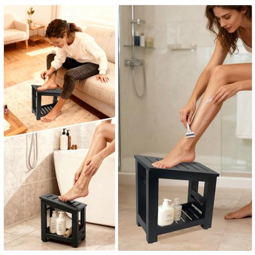 Bamboo Shower Foot Rest Stool with Storage & Non-Slip