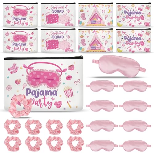 24 Pcs Sleepover Party Supplies for Girls, Sleepover Squad Spa Party, Makeup Bags Party Favor with Satin Eye Mask Satin Hair, Scrunchies Pajama Slumber Squad, Birthday Party