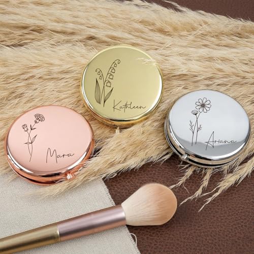 Personalized Compact Travel Mirror with Birth Flower and Name - Gift Idea