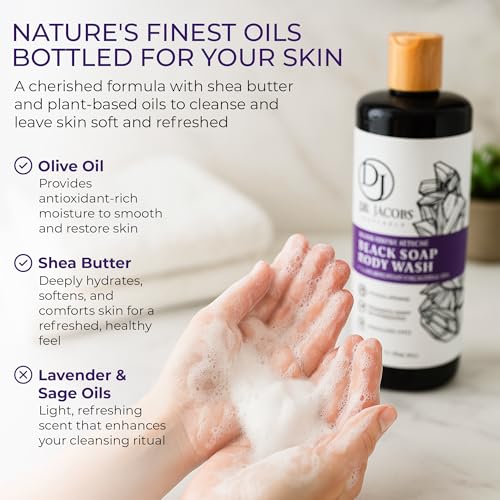 Dr Jacobs Naturals Authentic African Black Liquid Soap with Lavender & Sage Scent | All-In-One Face Wash, Sensitive Skin Body Wash, Shampoo, Shaving Soap | Moisturizing and Nourishing Formula 16oz 1pk