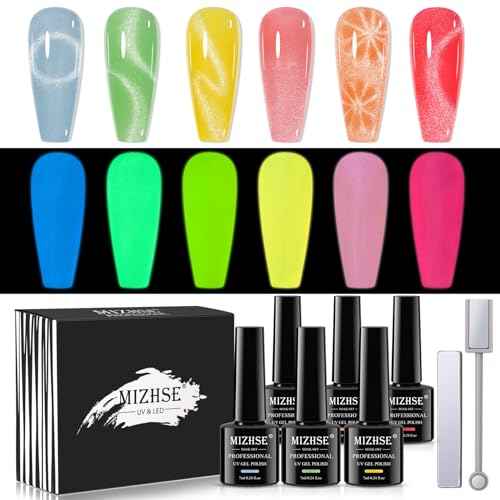 MIZHSE Glow in The Dark Gel Nail Polish, Macaroon Cat Eye Gel Polish Set with Magnet Stick, Shimmery Neon Green Blue Yellow Nail Soak Off Nail Art Spring Summer Manicure Kit Gift