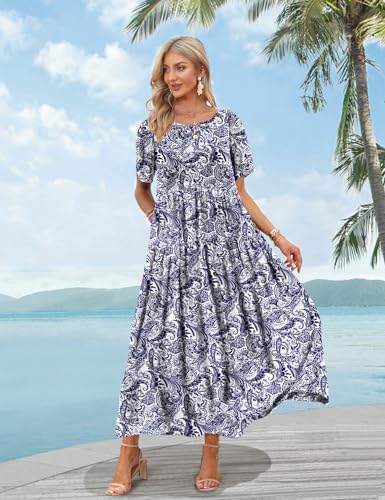 YESNO Women Casual Loose Bohemian Floral Dress with Pockets Short Sleeve Long Maxi Summer Beach Swing Dress S EJF CR148