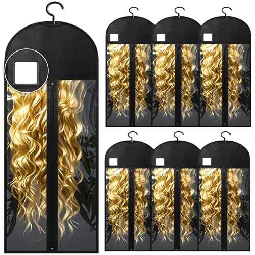 6Pcs Extra Long Wig Storage Bags with Hanger Hair Extension Wig Storage Hanger Bags for Multiple Wigs with Tags Organizer Dust-Proof Home Travel Closet Wigs & Accessories (Black 31.5in)