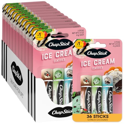 ChapStick Lip Moisturizer, Ice Cream 3-Packs (12 Sets/36 Tubes) ? Bulk Lip Balm, Irresistible & Sweet, 0.15 Oz Ea