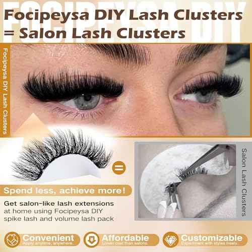 Focipeysa Lash Extension Kit Thick Eyelash Extension Kit 10-18mm Fluffy Lash Clusters 200D Individual Eyelashes Kit with Lash Bond, Lash Remover, Lash Applicator, DIY Lashes Extension