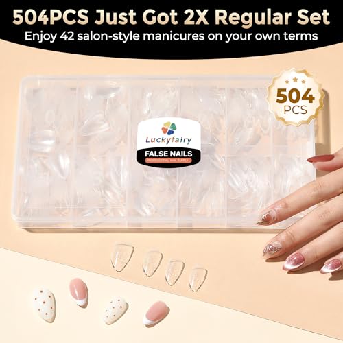 Luckyfairy A-Short Almond Nail Tips 504pcs Short Gel Fake Nails Clear