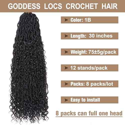COOKOO Natural Black Faux Locs 30 Inch Crochet Hair for Women - 8 Pack, Pre-Looped Goddess Loc Extensions with Curly Ends - Boho Style Synthetic Hair