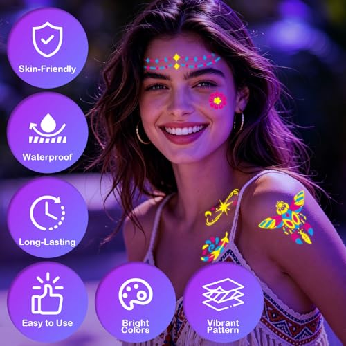UV Glow in The Dark Temporary Tattoos, 190 PCS Neon Body Stickers