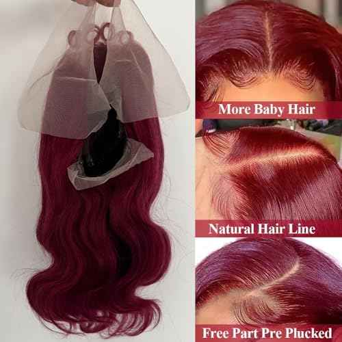 99J Bob Wig Human Hair 13x4 Frontal Lace Wig 14 Inch Body Wave 180% Density Burgundy HD Transparent Lace Front Wigs Human Hair Wigs for Black Women Pre Plucked Red