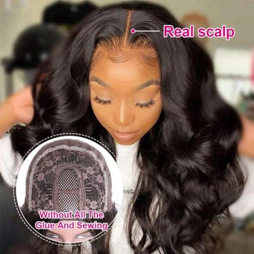 Wavy V Part Wig Wear And Go Glueless Upgrade U Part Wig Body Wave Natural Black Synthtic Hair Soft As Human Hair Half Wigs For Black Women 180% Density (Natural Color, 24 Inch)