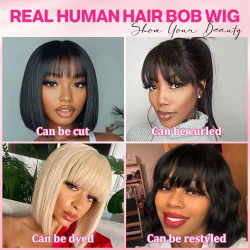 10 Inch Silky Straight Bob Wig Human Hair with Bangs Ready to Go Short Blunt Cut Black Wigs 1X4 HD Lace Closure 200% Density Bob Wigs with Breathable Cap for Women