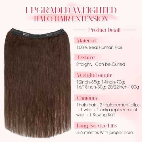 Rich Choices 100% Real Human Halo Hair Extensions for Women Remy Halo Extension Invisible Wire Hairpiece Clip in One Piece Hairpiece Upgrade Adds Weight 100g 20 Inch #02 Dark Brown
