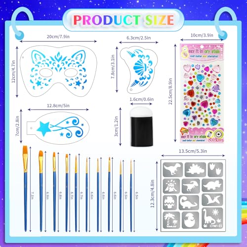 Face Paint Stencil Kit - 58 Piece Set with Brushes & Gems