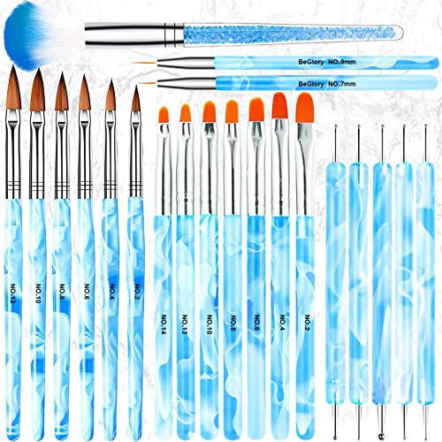 21PCS Acrylic Nail Brush Set Nail Art Brushes for Acrylic Application UV Gel Nail Brush Dotting Pen 3D Nails Brush for Acrylic Powder Nail Extension Acrylic Nail Kit Set Professional (21PCS Blue)