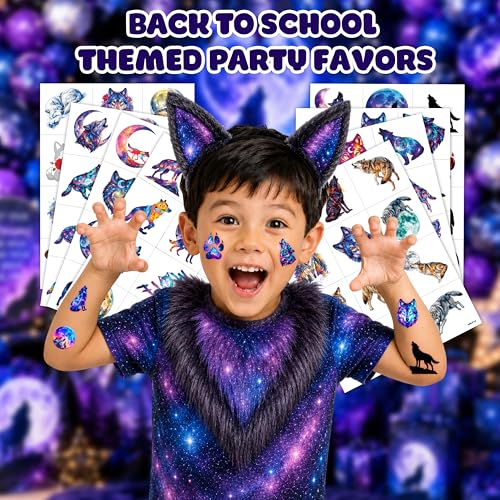 96 PCS Galaxy Wolf Temporary Tattoos for Kids