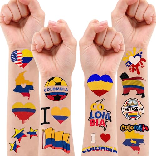 100PCs Colombia Temporary Tattoos Colombia Independence Birthday Party Decorations Favors Supplies Flag Themed Cute Stickers 10 Sheets Gifts for Baby Kids Girls Boys Class School Carnival Christmas