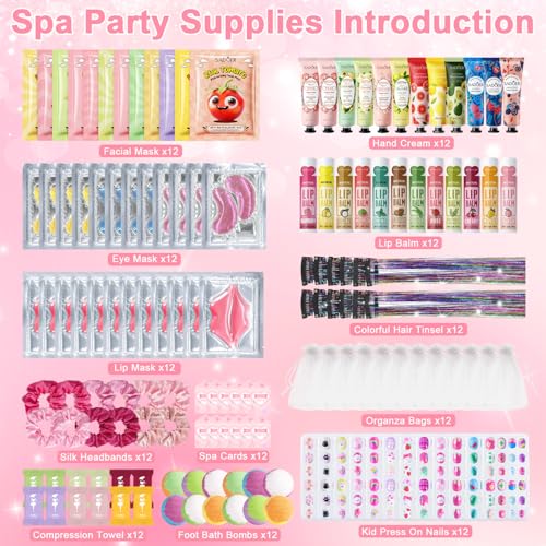 144 Pcs Spa Party Decorations for Girls, Spa Birthday Party Supplies Include Face Masks Skincare, Hand Cream, Lip Balm, Under Eye Patches, Lip Mask, Foot Bath Bombs, Press-on Nails and Hair Tinsel