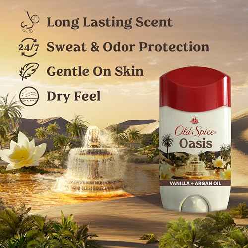 Old Spice Dry Feel Antiperspirant Deodorant for Men, 24/7 Freshness, 24/7 Sweat & Odor Protection, Gentle on Skin with Skin Conditioners, Oasis with Vanilla + Argan Oil Scent, 2.6 oz (Pack of 2)
