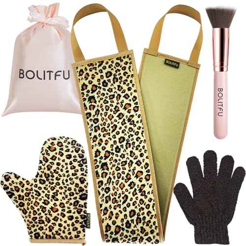 4 Pack Self Tanning Mitt Applicator Kit, with Self Tanner Mitt, Self Tan Back Applicator, Exfoliating Glove, Flat Top Face Tanner Brush, Tan mit for Self Sunless Tanner (leopard)