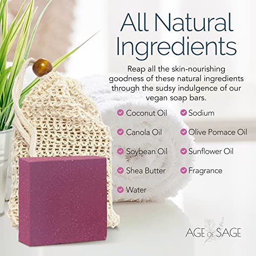 Age of Sage Natural Soap Bar w/Sisal Bag, Vegan Artisan Soap Bar Set for Women, Body Soap in Bar Soap Pouch, Natural Bath Soaps w/Essential Oils, 4 Plain Body Soap Bars, Raspberry