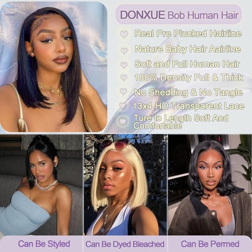 Bob Wig Human Hair Wig Short 13x4 Lace Front Wigs Human Hair Pre Plucked 14 Inch Bob Wig Short Wigs for Black Women Bob Wigs Human Hair 180% Density With Baby Hair Natural Black Straight Glueless