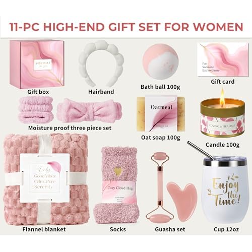 Spa Gift Baskets for Women - Self Care Gifts Kit for Women - Get Well Soon Cozy Relaxation Home Self Care Kits Set Valentine's Day Gifts for Woman Mom Best Friends Sister Wife, Pink