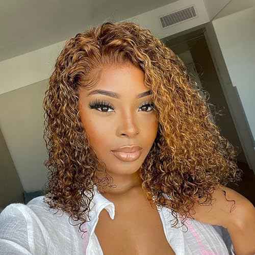 Highlight Glueless Bob Wigs Human Hair Pre Plucked Pre Cut Curly Human Hair Wigs for Black Women Ombre Deep Wave 4x4 HD Lace Closure Wigs Ready to Wear and Go Glueless Wigs