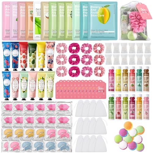 120PCS Spa Party Supplies for Girls, Include Facial Masks, Lip Mask, Under Eye Patches, Lip Balm, Foot Bath Bombs, Hand Cream, Compressed Towel, Hair Band, Sleepover Party Supplies for Girls