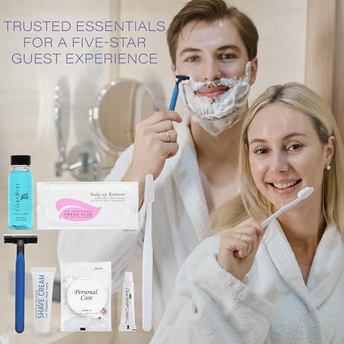 Personal Care Travel Toiletries | 1-Shoppe Amenities Kit | Travel Shaving Set, Toothbrush & Paste, Mouthwash, Makeup Wipes, Swabs, Nail File & Sewing Kit | 150 Pieces