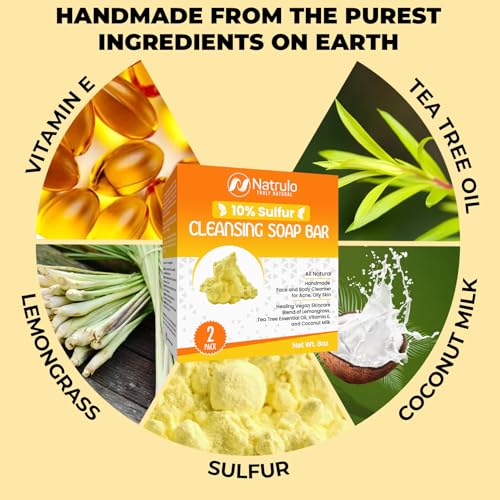 10% Sulfur Soap Cleansing Bar for Face & Body ? All Natural Facial Cleanser for Acne, Oily Skin ? Healing Skincare Blend of Lemongrass, Tea Tree Essential Oil, Vitamin E, Coconut Milk ? Made in USA
