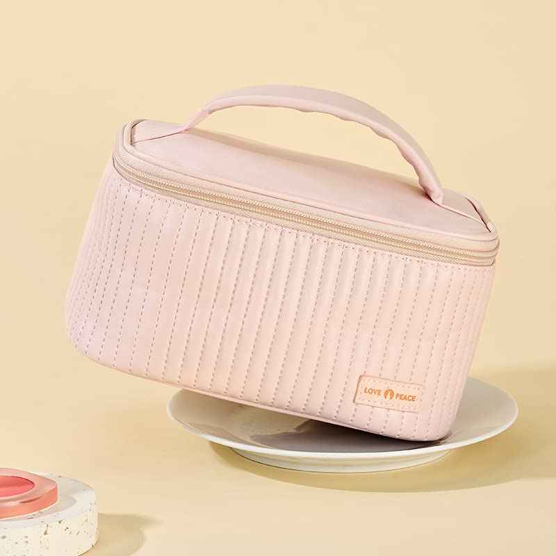 kamumanni Travel Makeup Bag, Top Open Makeup Case with Handle, Portable Cosmetic Bag with Brush Holder, Soft PU Leather Toiletry Bag for Women, Pink