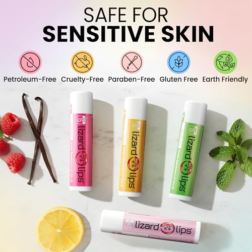 LizardLips Lip Balm SPF 15; Variety Pack of 4 Vanilla, Vanilla Mint, Raspberry, Citrus, Natural Hydrating Moisturizing Lip Sunscreen, Fun Quirky Beach Vacation Essentials