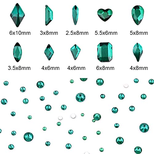 Tisslan 820pcs Glass Green Nail Rhinestones Flatback Crystals Mixed Size and Shapes for Makeup Nail Art Decoration Crafts Cheap Supply