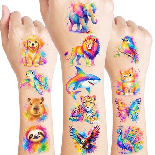 96 Watercolor Animal Temporary Tattoos for Kids