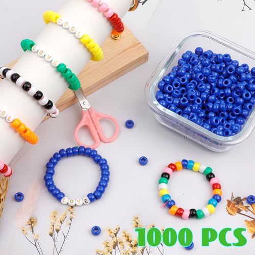 Auvoau 1000Pcs Pony Beads Bracelet 9mm Bronze Blue Plastic Barrel Pony Beads for Necklace,Hair Beads for Braids for Girls,Key Chain,Jewelry Making (Royal Blue)