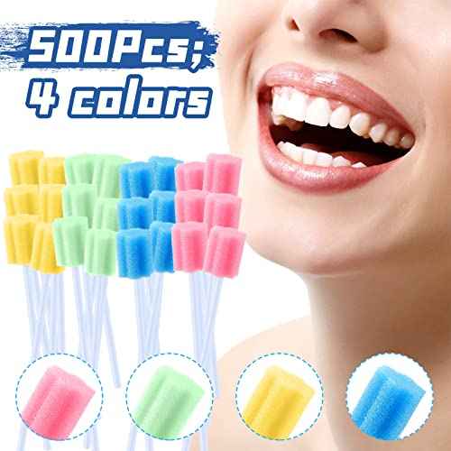 TrelaCo 500 Pcs Toothettes Oral Swabs Bulk Disposable Mouth Cotton Swabs Multicolor Sponge Individually Wrapped for Elderly Adults Oral Cavity Mouth Cleaning(Plum Blossom)