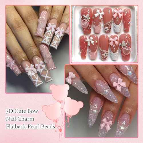 300Pcs Bow Charms and Flatback Pearls, Pink Bowknot 3D Cute Nail Supplies for Acrylic Design, 3-5mm White Half Pearls for Jewelry DIY Crafts Art Decoration Accessories